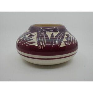Navajo Signed Glossed Etched Vase Burgundy South West